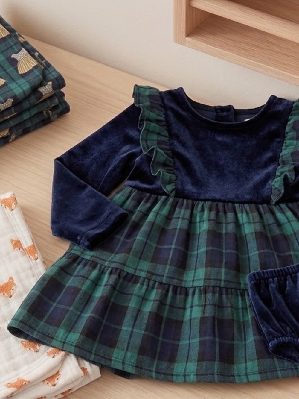 Pippa & Julie Navy Velvet Top with Green Plaid Ruffle Dress